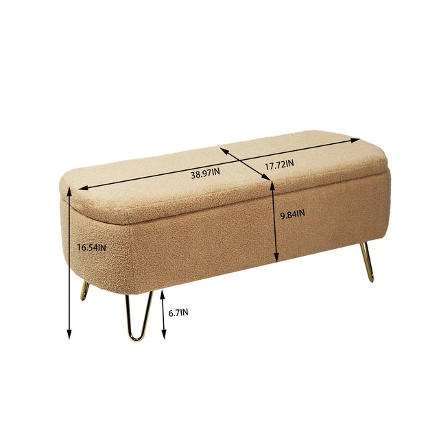 Camel Faux Fur Storage Ottoman Bench With Gold Legs - Omega Lifestyles