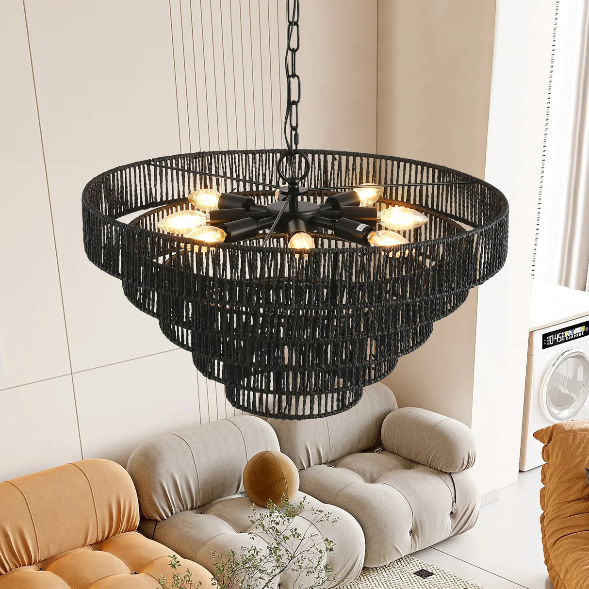 Rustic 5-Tier Black Hemp Rope Pendant Light Chandelier - Omega Lifestyles