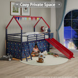 Twin Metal Junior House Loft Bed With Slide And Curtain - Omega Lifestyles