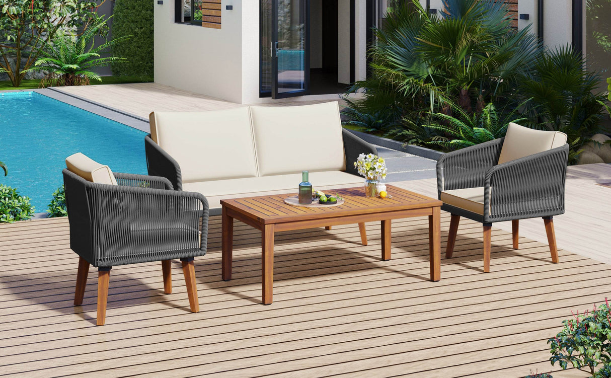 4-Piece Mid-Century Modern Woven Rope Patio Furniture Set - Omega Lifestyles