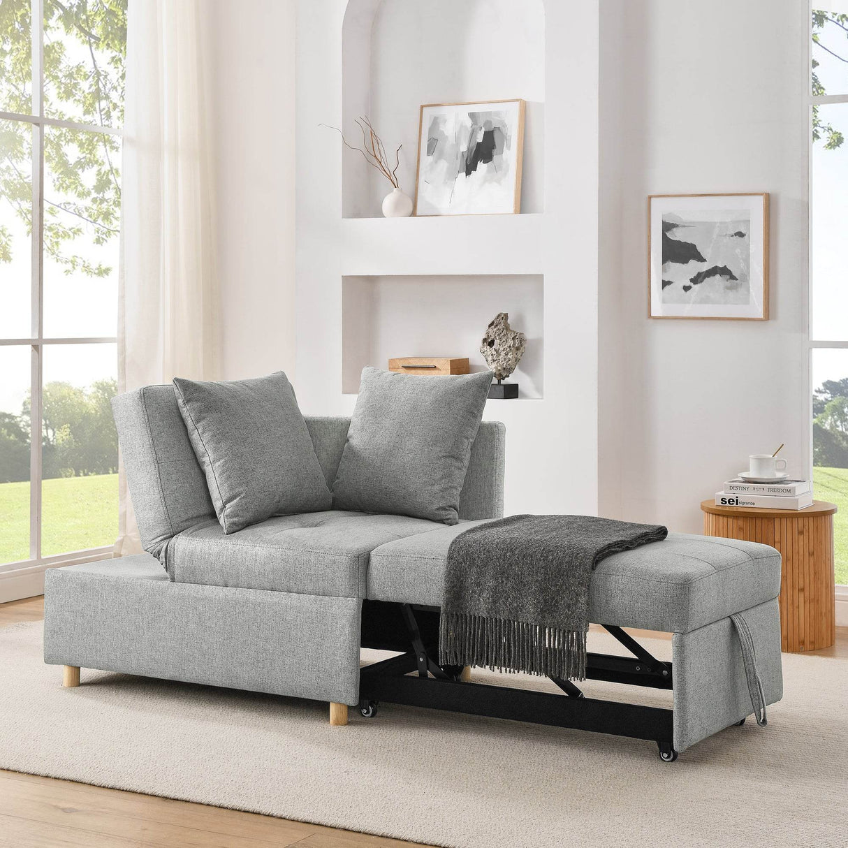 Convertible Linen Sleeper Sofa Chair With Adjustable Backrest