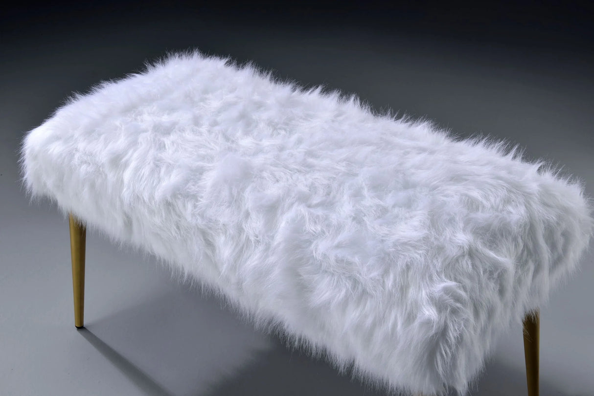 White Faux Fur Armless Backless Gold Finish Bench - Omega Lifestyles