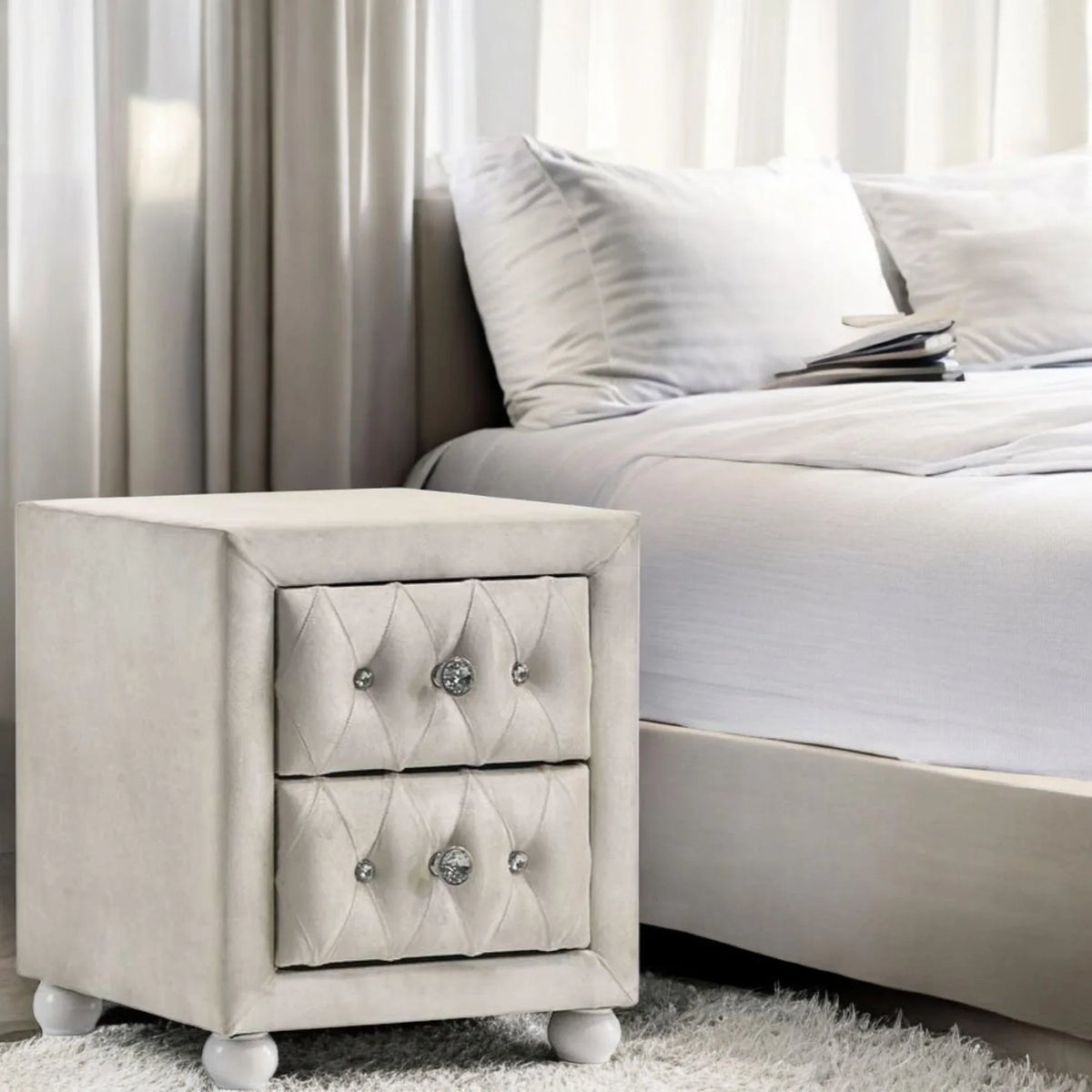 Beige Fabric Nightstand With Two Storage Drawers - Omega Lifestyles