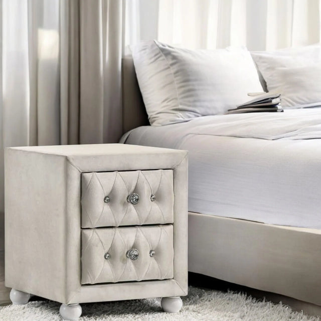 Beige Fabric Nightstand With Two Storage Drawers - Omega Lifestyles