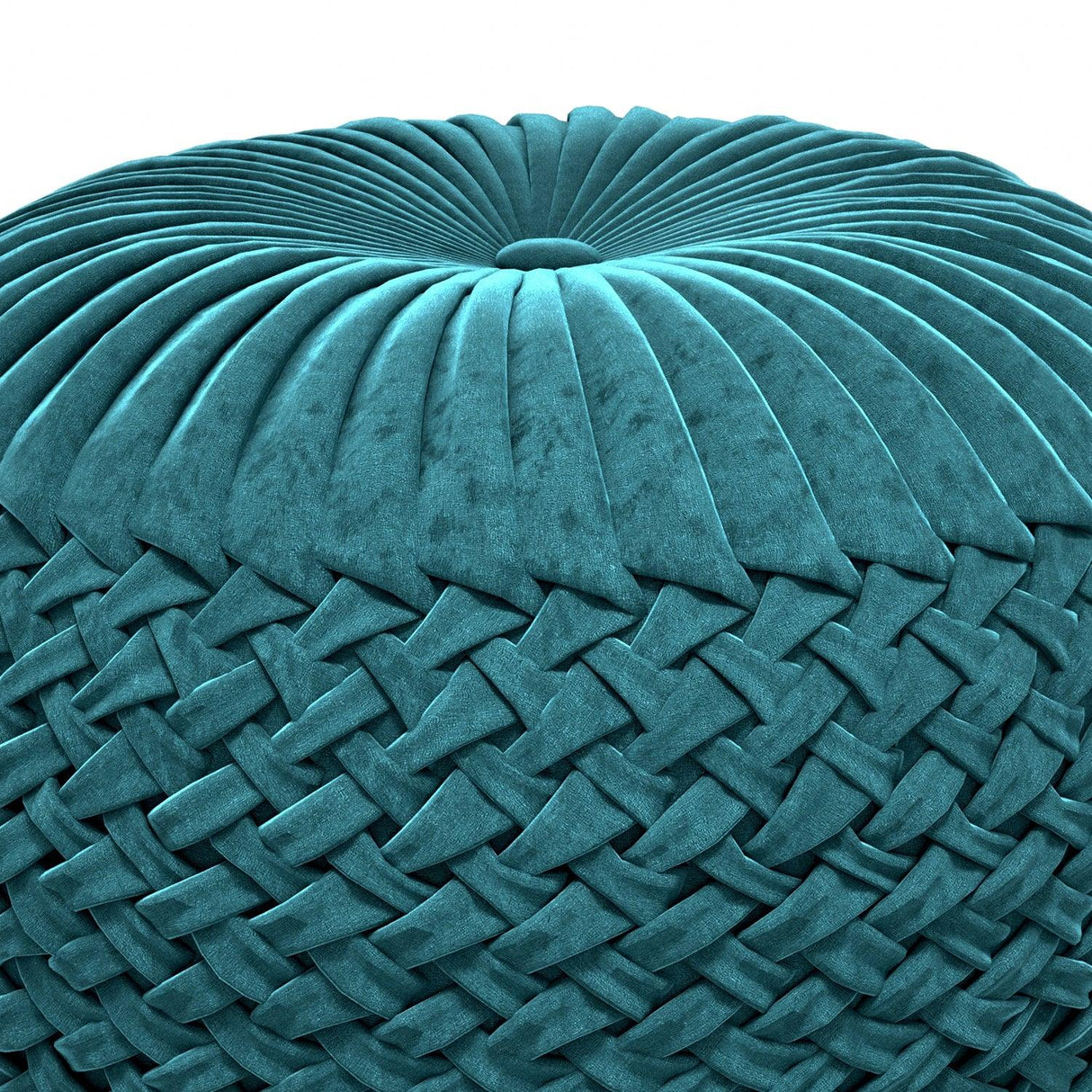 Teal Velvet Round Pouf With Button Tufted Top - Omega Lifestyles
