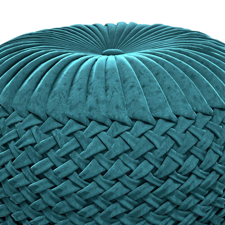Teal Velvet Round Pouf With Button Tufted Top - Omega Lifestyles