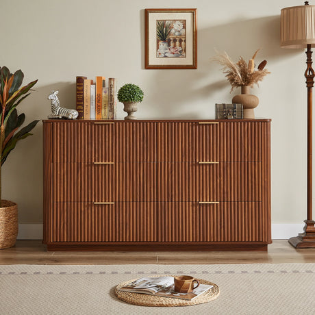 Modern Walnut 6-Drawer Dresser With Wave Design - Omega Lifestyles