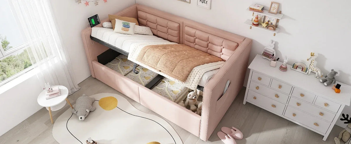 Twin Pink Velvet Upholstered Hydraulic Storage Bed Frame - Omega Lifestyles