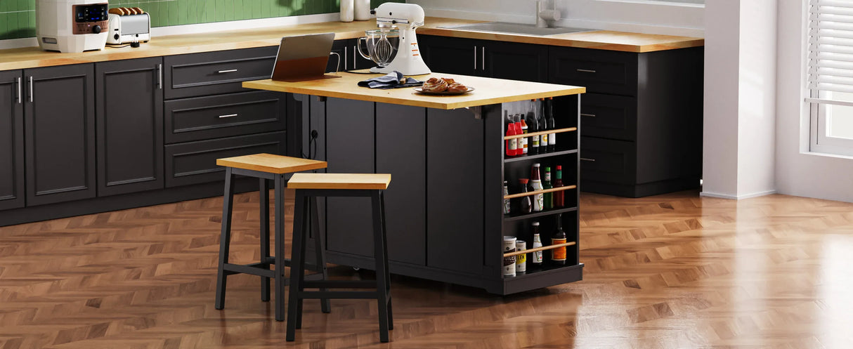 Large Kitchen Island Storage Cart With Bar Stools and Power Outlet - Omega Lifestyles