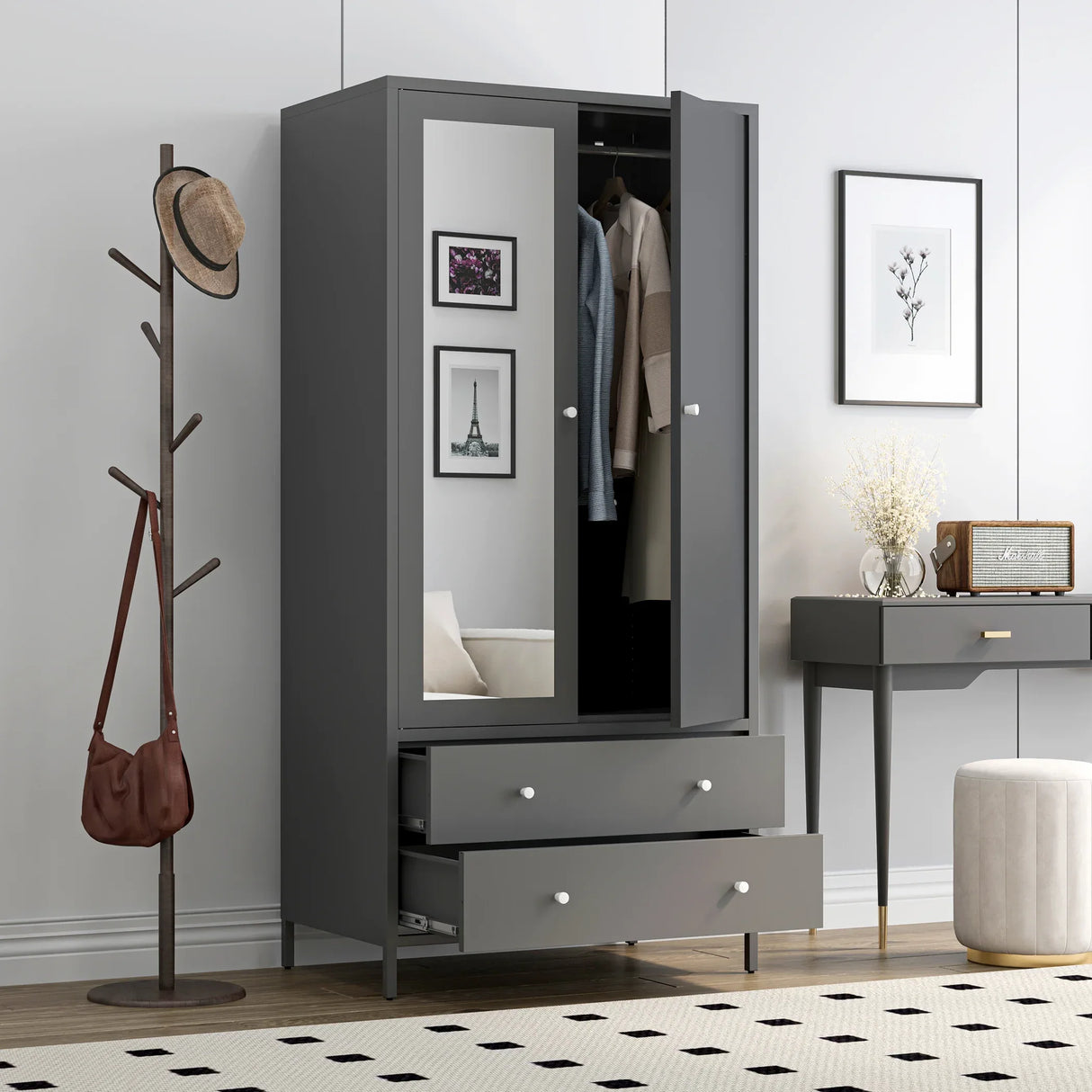 Retro Steel Armoire Wardrobe Closet With Mirror And Drawers - Omega Lifestyles