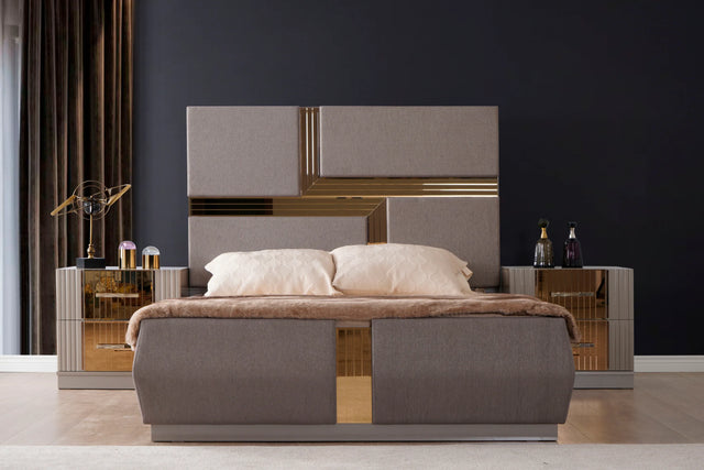 Modern Metallic River Sand Upholstered King Bed Frame - Omega Lifestyles