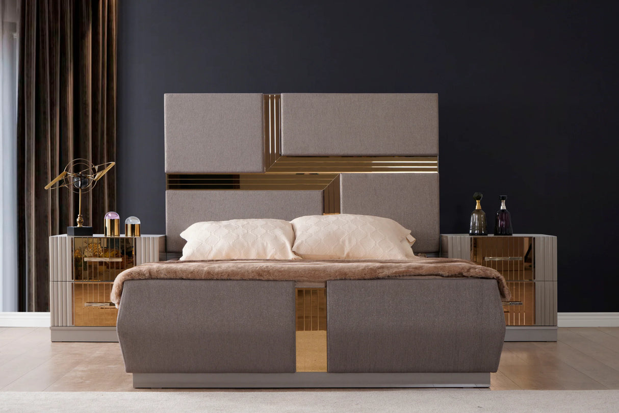 Modern Metallic River Sand Upholstered King Bed Frame - Omega Lifestyles