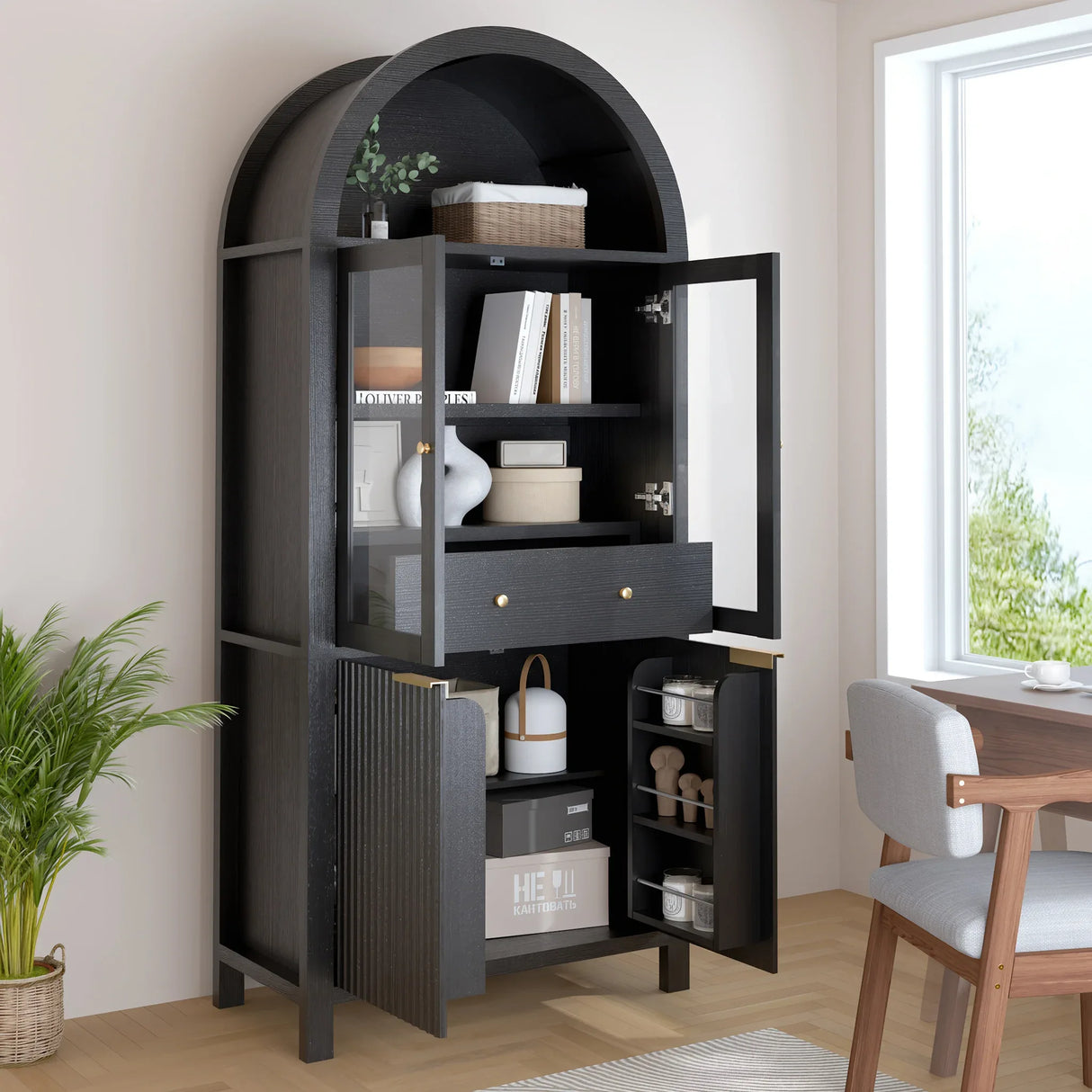 Modern Fluted Tall Arched Adjustable Shelf Pantry Cabinet - Omega Lifestyles