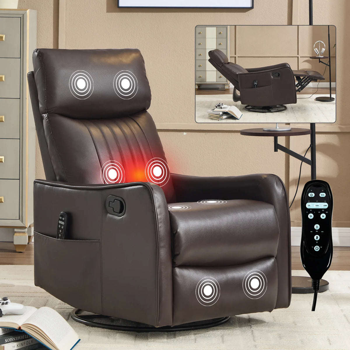 Brown Faux Leather Manual Heat Massage Recliner Chair - Omega Lifestyles