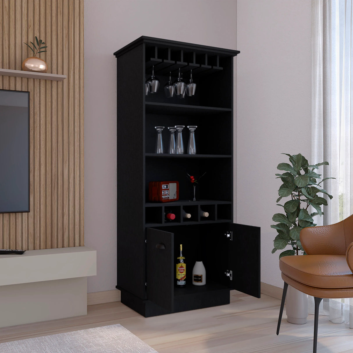 Modern Black Particle Board Kitchen Storage Bar Cabinet 70-Inch - Omega Lifestyles
