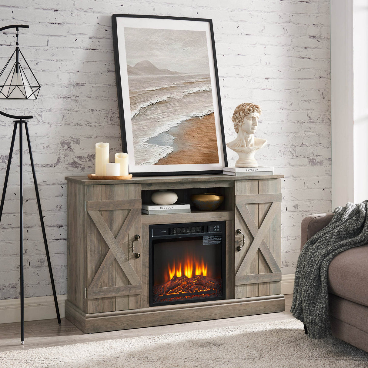 Farmhouse Gray Wash MDF Media TV Stand Fireplace - Sleep Galleria