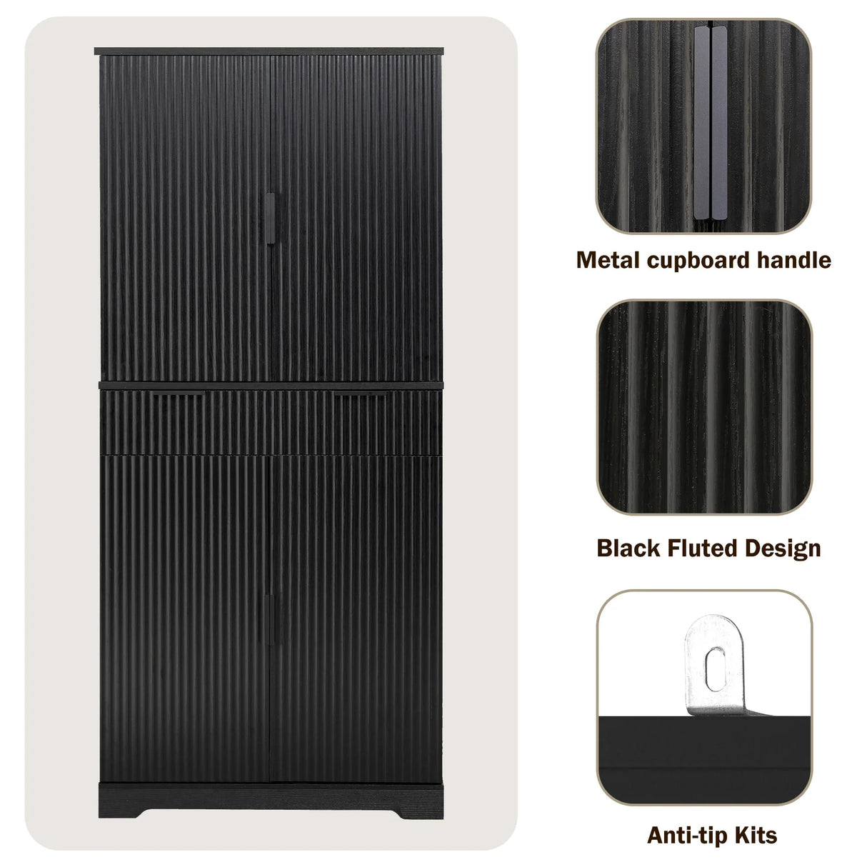 Fluted Freestanding Kitchen Pantry Cabinet With Drawers - Omega Lifestyles