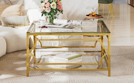 Modern Square Glass Coffee Table With Gold Metal Frame - Omega Lifestyles