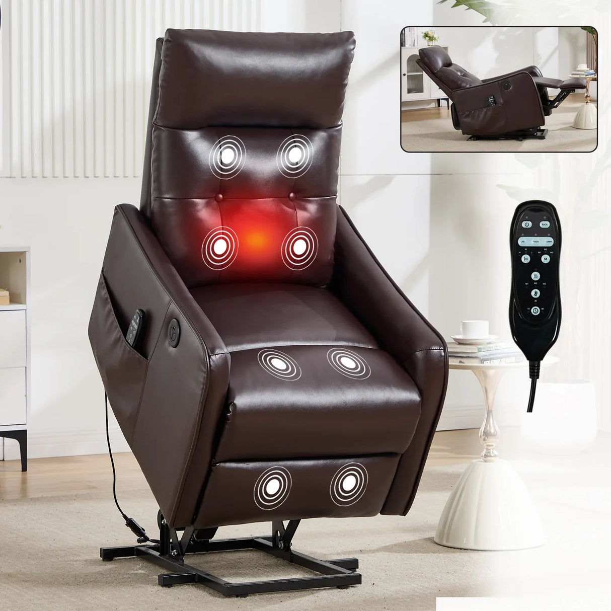 Brown Faux Leather Power Lift Recliner Chair With Massage - Omega Lifestyles