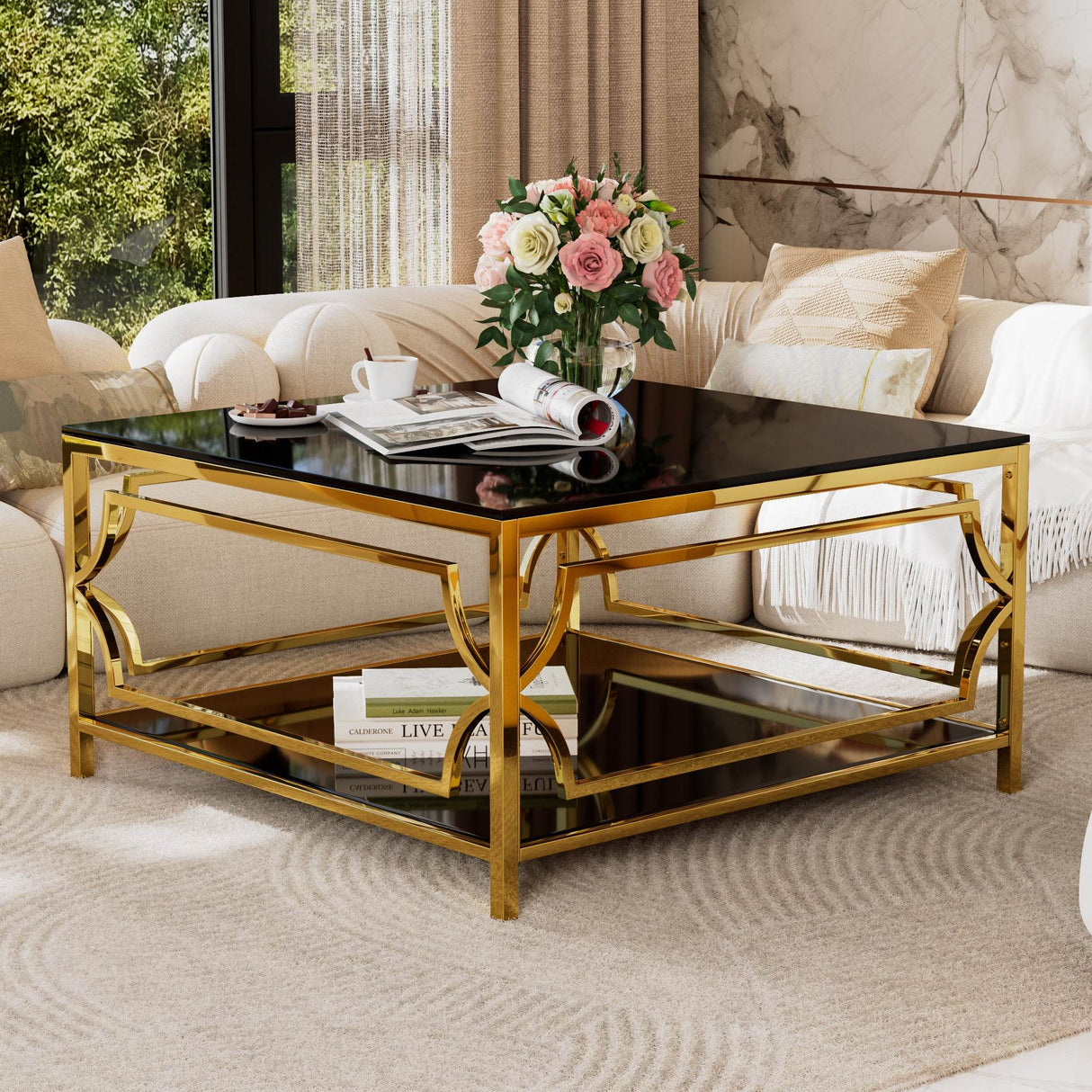 Modern Square Glass Coffee Table With Gold Metal Frame - Sleep Galleria