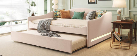Full Teddy Fleece Upholstered Daybed With Trundle And LED Light - Omega Lifestyles