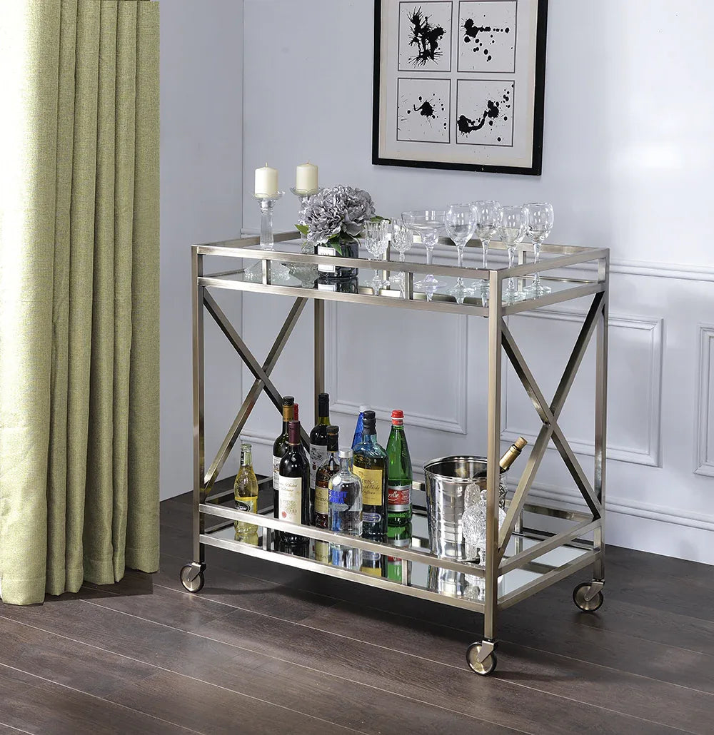 Antique Gold Mirrored Metal Serving Cart With Casters - Omega Lifestyles