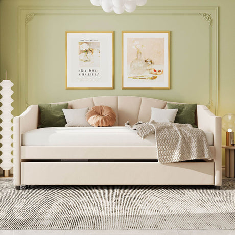Upholstered Twin Daybed With Trundle And Wood Slats - Omega Lifestyles