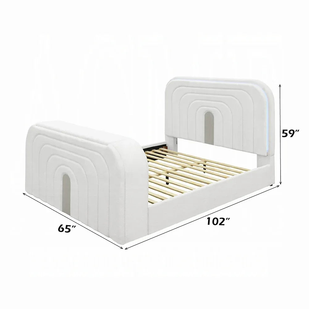 White Teddy Sherpa Floating King Bed With LED Fireplace - Omega Lifestyles