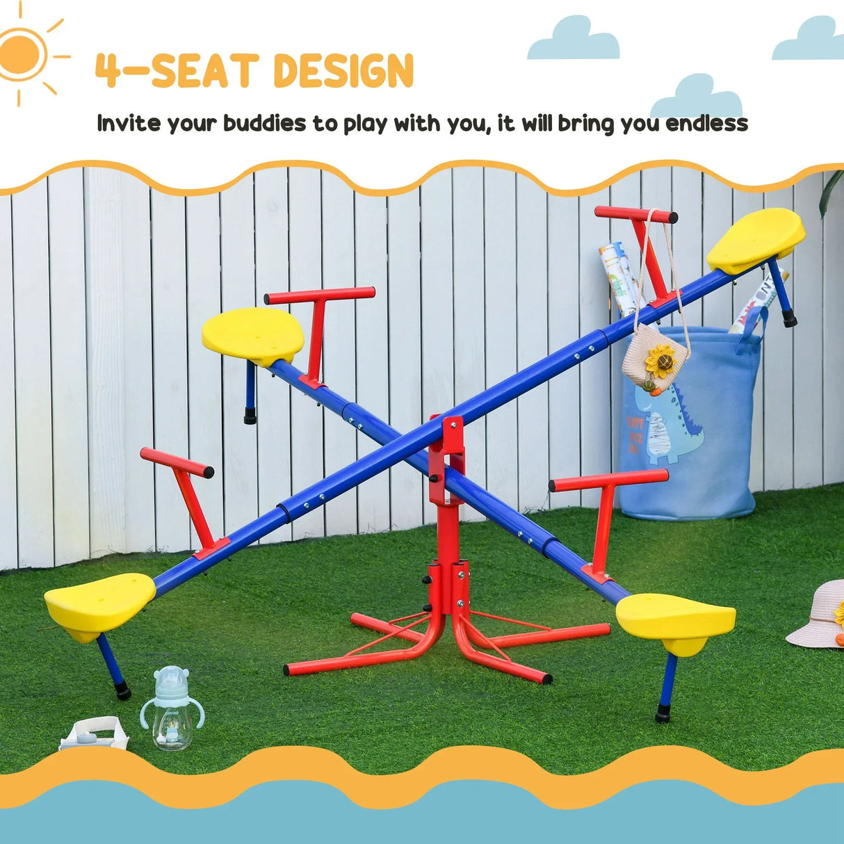 4-Seater Kids Outdoor Metal 360-Degree Spinning Seesaw - Omega Lifestyles