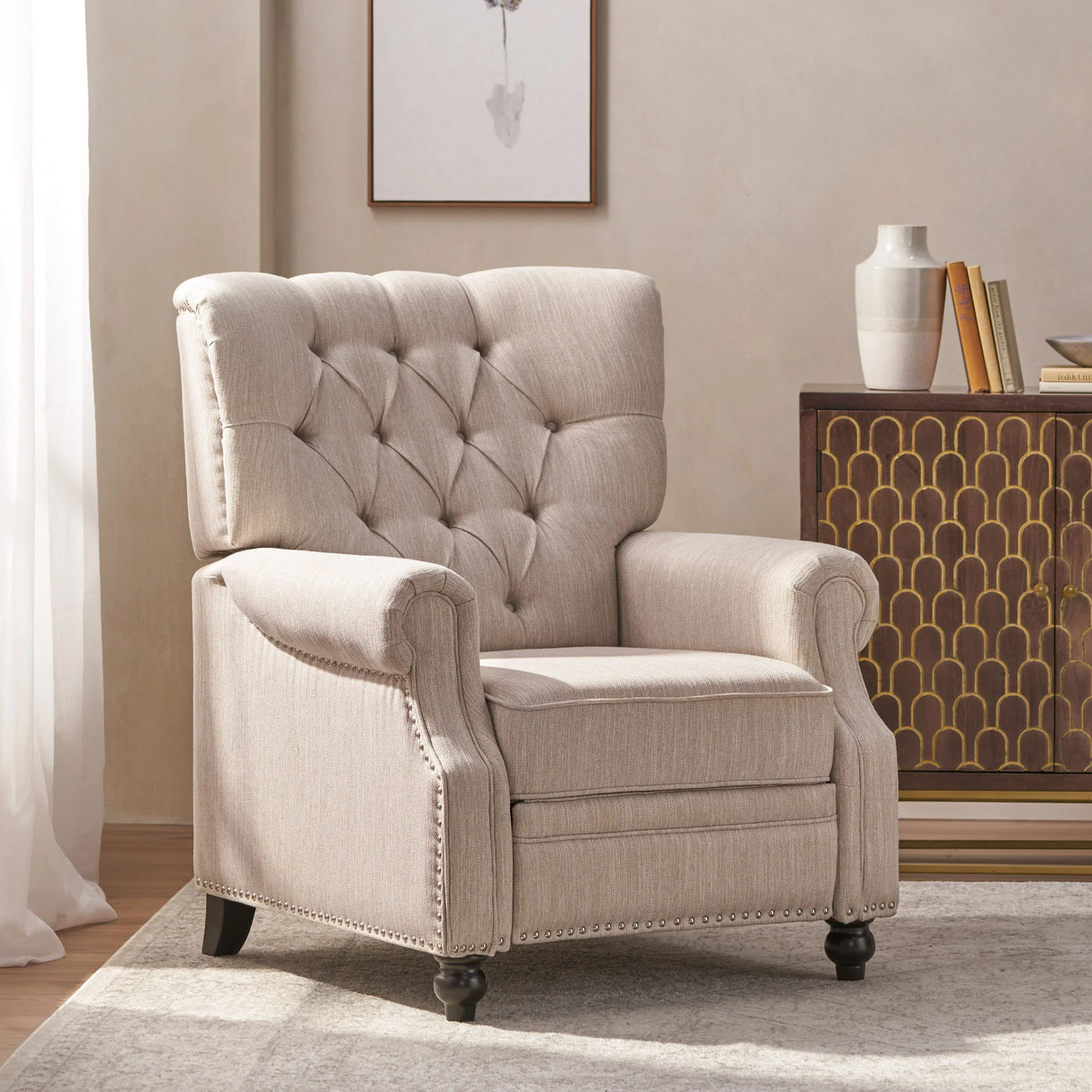 Contemporary Beige Fabric Pushback Recliner Chair - Omega Lifestyles