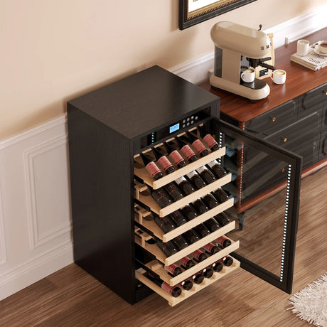 Black Wood Tempered Glass Wine Cooler With Touch Display - Omega Lifestyles