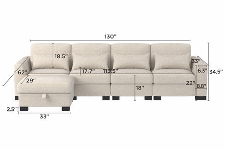 Beige Modular L-Shaped 5-Seat Foam Cushion Sofa With Ottoman - Omega Lifestyles