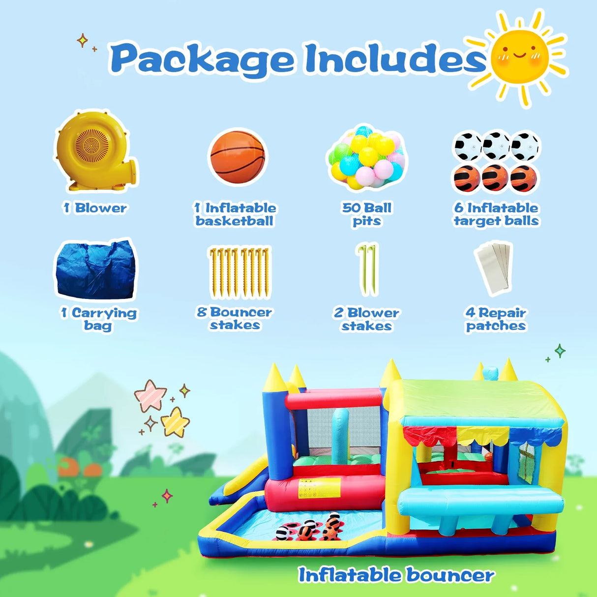 7-in-1 Inflatable Bounce House With Ball Pit Obstacles - Omega Lifestyles