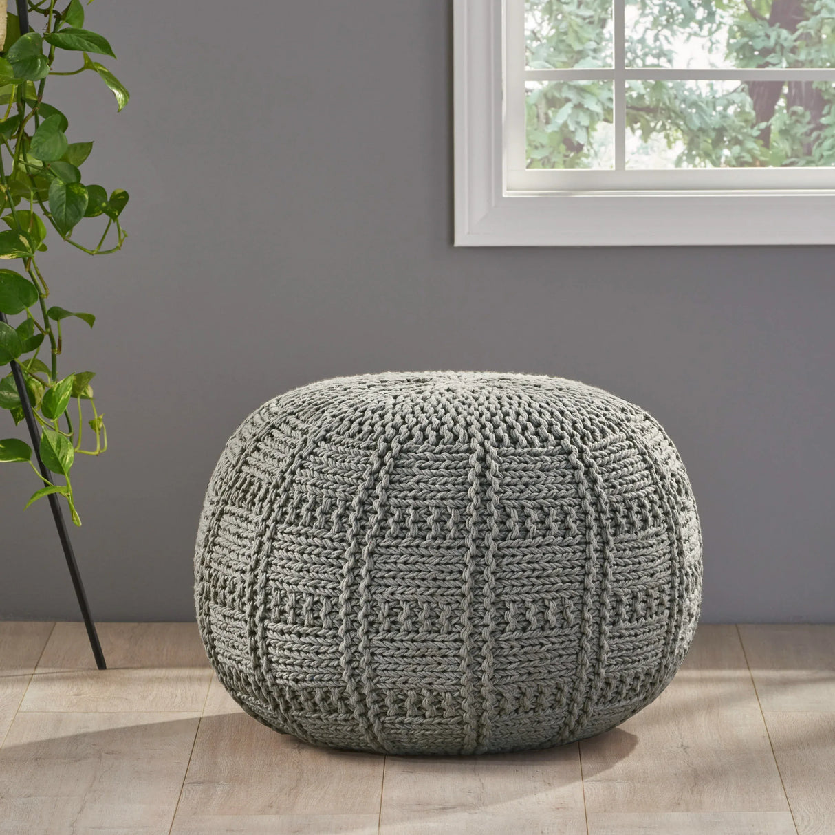 Knitted Cotton Round 20-Inch Grey Pouf - Omega Lifestyles