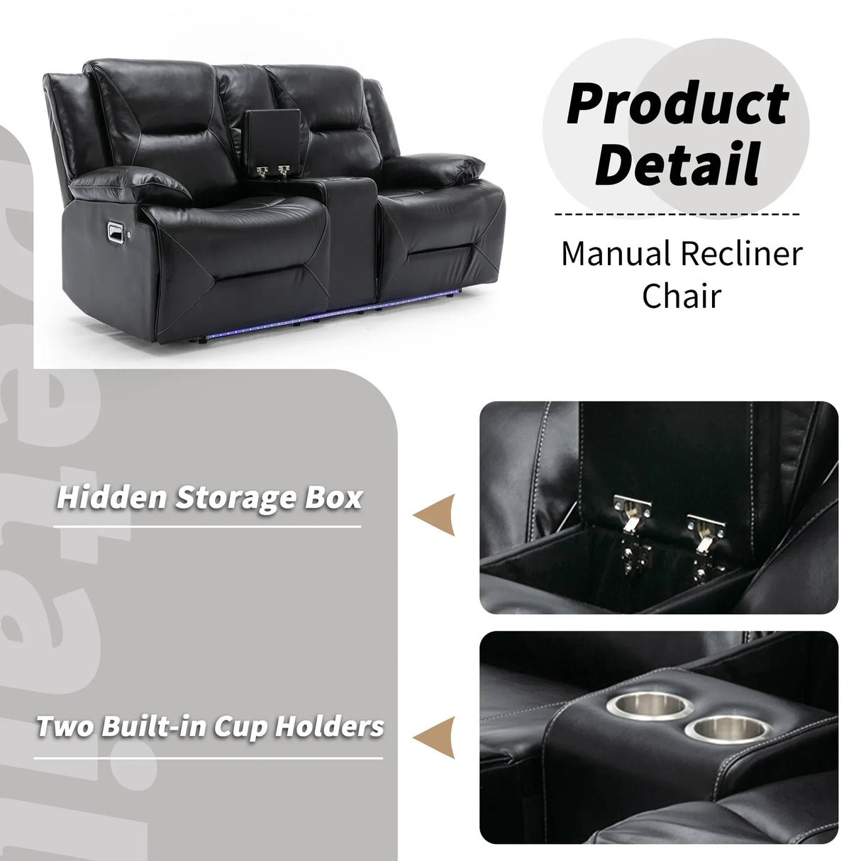 2-Seater Manual Recliner Chair With LED Light Strip - Omega Lifestyles