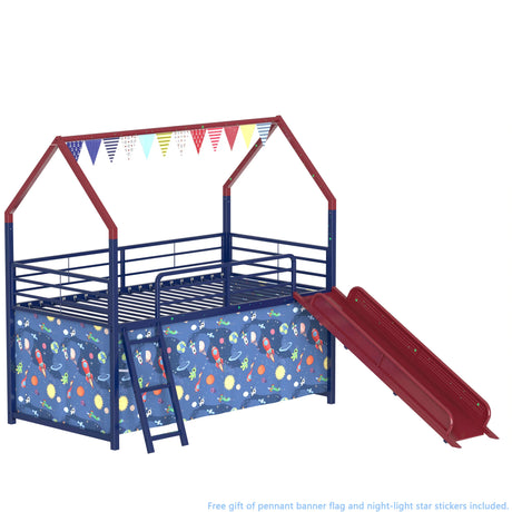 Twin Metal Junior House Loft Bed With Slide And Curtain - Omega Lifestyles