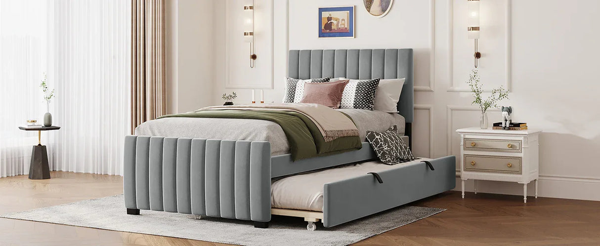 Twin Velvet Upholstered Platform Bed With Trundle - Omega Lifestyles
