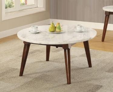 White Marble Top Walnut Finish Round Coffee Table - Omega Lifestyles