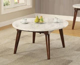 White Marble Top Walnut Finish Round Coffee Table - Omega Lifestyles