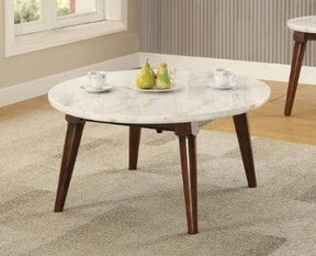 White Marble Top Walnut Finish Round Coffee Table - Omega Lifestyles