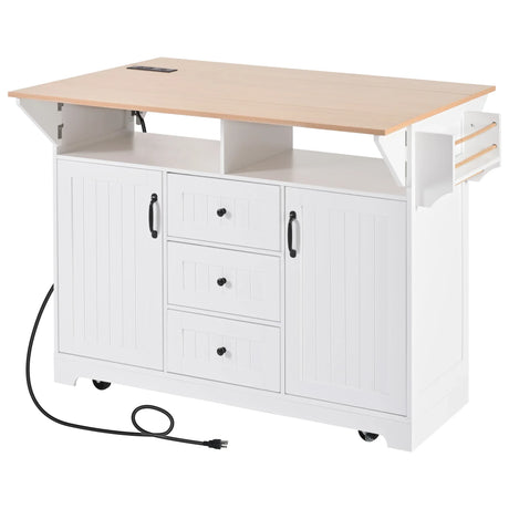 Folding Kitchen Island Cart With Power Outlet and Storage - Omega Lifestyles