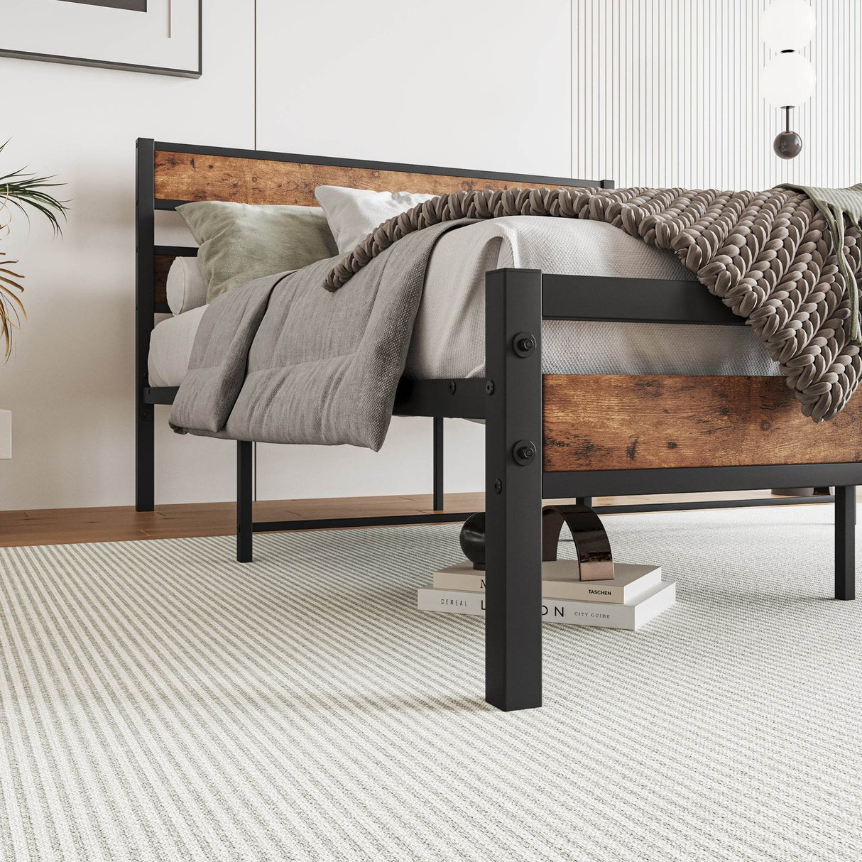 Full Full-Size Industrial Metal And Wood Platform Bed Frame - Omega Lifestyles