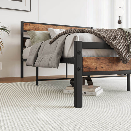 Full Full-Size Industrial Metal And Wood Platform Bed Frame - Omega Lifestyles