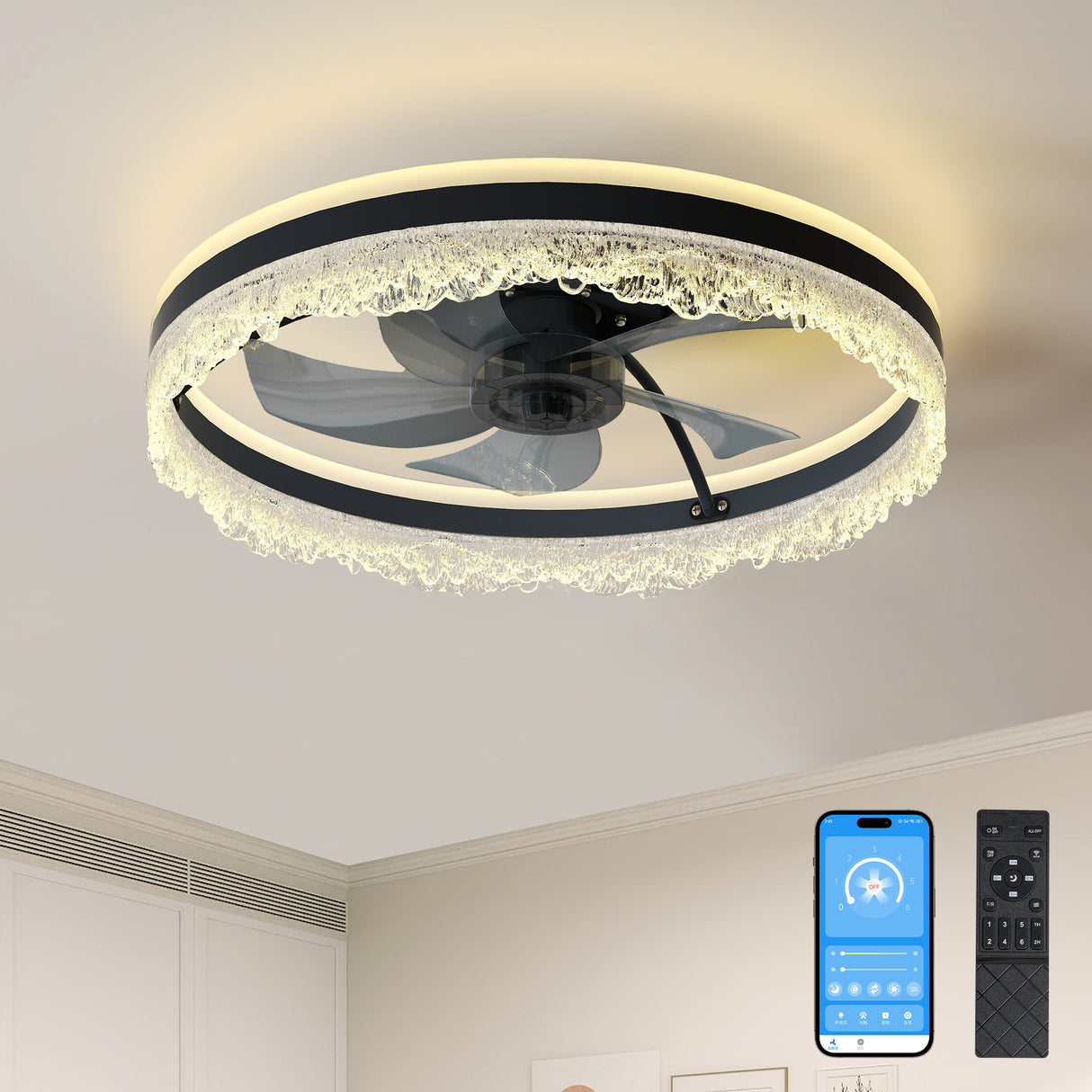 Crystal LED Flush Mount Quiet Ceiling Fan With Light