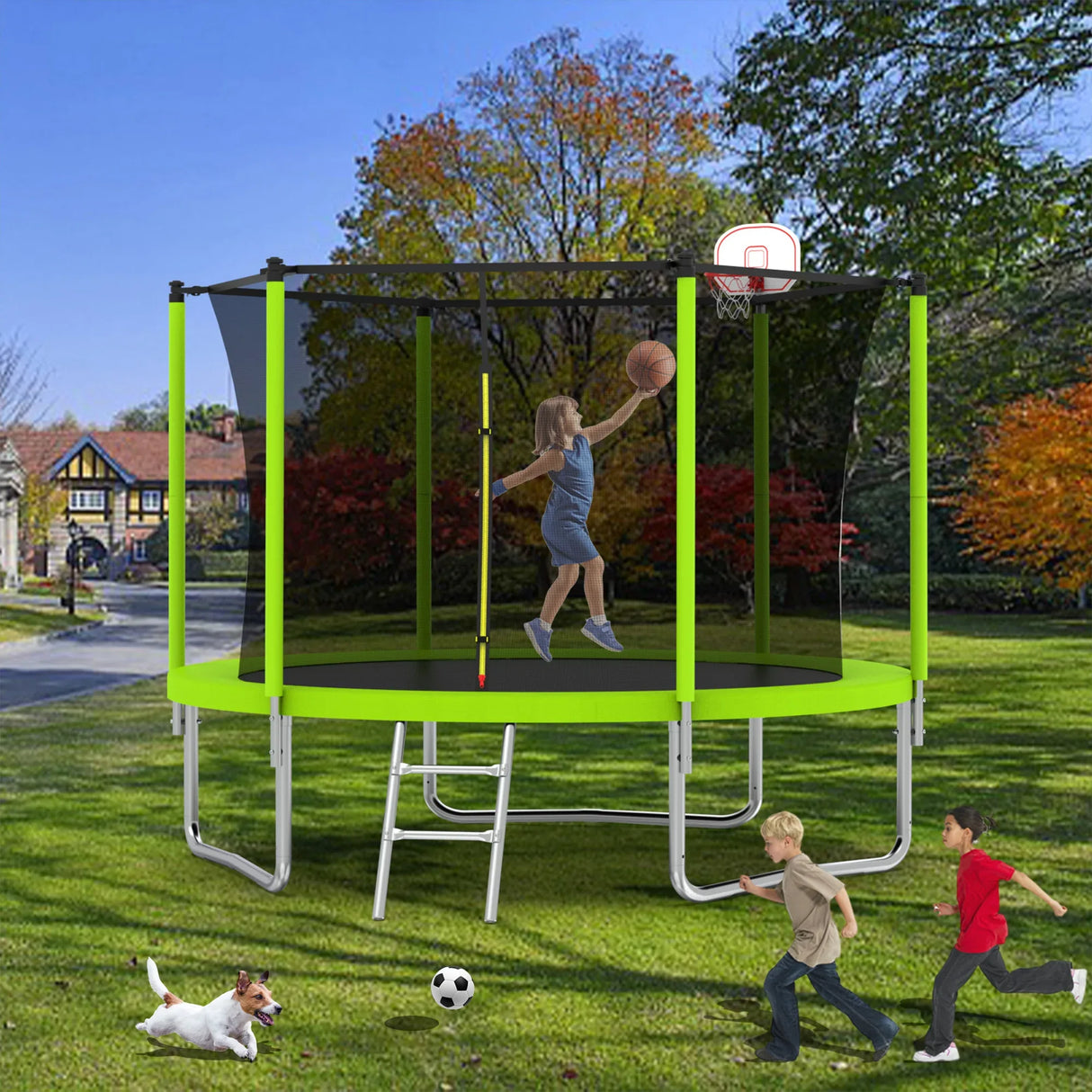 8-Inch Green Safety Enclosure Outdoor Trampoline - Omega Lifestyles