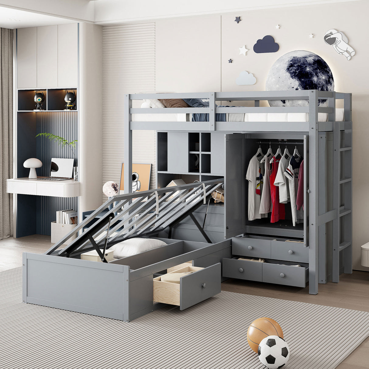 Twin Hydraulic Storage Bunk Bed With Wardrobe Drawers