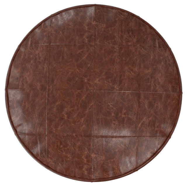 Distressed Brown Genuine Buffalo Leather Round Pouf - Omega Lifestyles