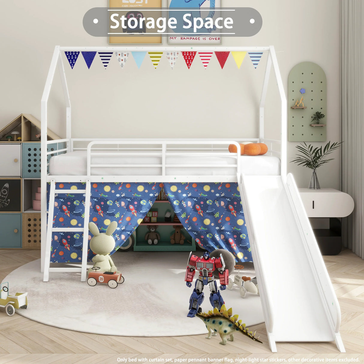Twin Metal Junior House Loft Bed With Slide And Curtain Set - Omega Lifestyles