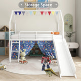 Twin Metal Junior House Loft Bed With Slide And Curtain Set - Omega Lifestyles