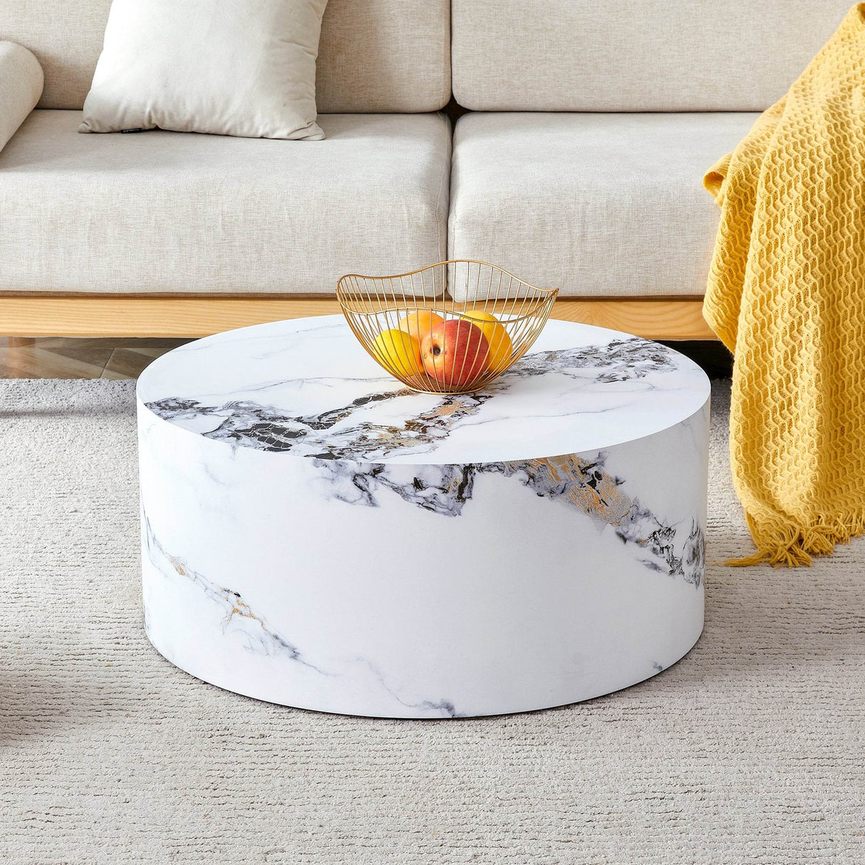12-Inch White Patterned Cylindrical MDF Coffee Table - Omega Lifestyles